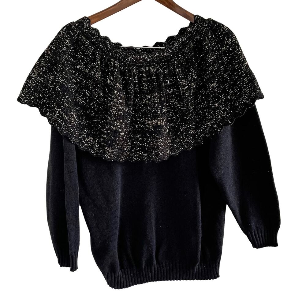 Adele vintage 80s ruffle neck gold metallic & black knit sweater size large L - Picture 7 of 7